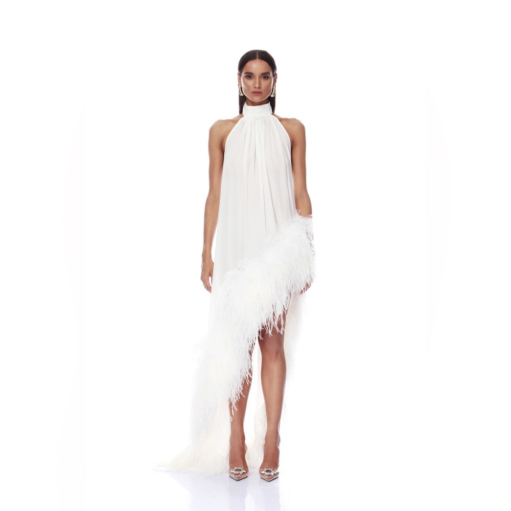 Bronx & Banco White Madeline Halter Neck Ostrich Feather Backless Gown XS NWOT - Picture 5 of 17